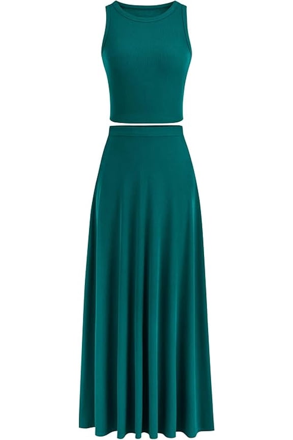 Women's 2 Piece Maxi Skirt Sets Casual Summer Knit Cropped Tank Top High Waisted Long Skirts Outfit