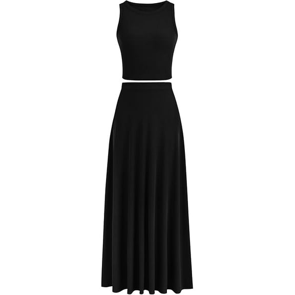 PRETTYGARDEN Women's 2 Piece Maxi Skirt Sets Casual Summer Knit Cropped Tank Top High Waisted Long Skirts Outfit