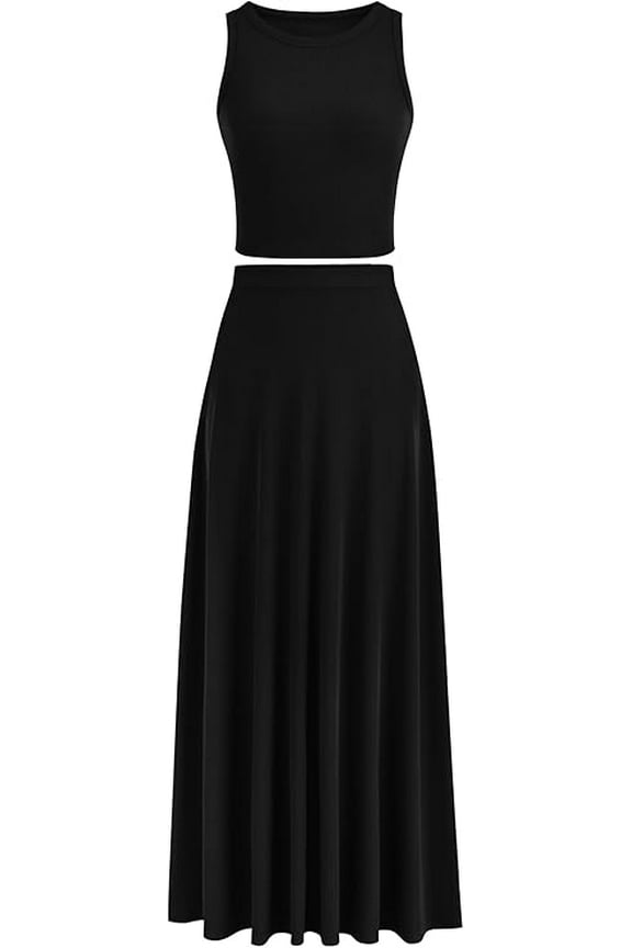 Women's 2 Piece Maxi Skirt Sets Casual Summer Knit Cropped Tank Top High Waisted Long Skirts Outfit