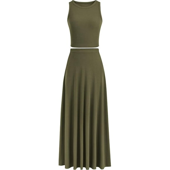 PRETTYGARDEN Women's 2 Piece Maxi Skirt Sets Casual Summer Knit Cropped Tank Top High Waisted Long Skirts Outfit