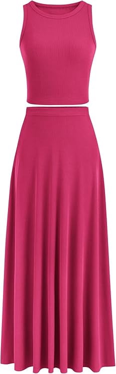 PRETTYGARDEN Women's 2 Piece Maxi Skirt Set - Knit Crop Top & High Waisted Long Skirt