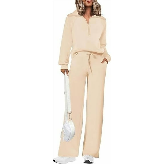 PRETTYGARDEN Women's 2 Piece Outfits Casual Lapel Half Zip Sweatshirts And Wide Leg Pants Tracksuit Sets