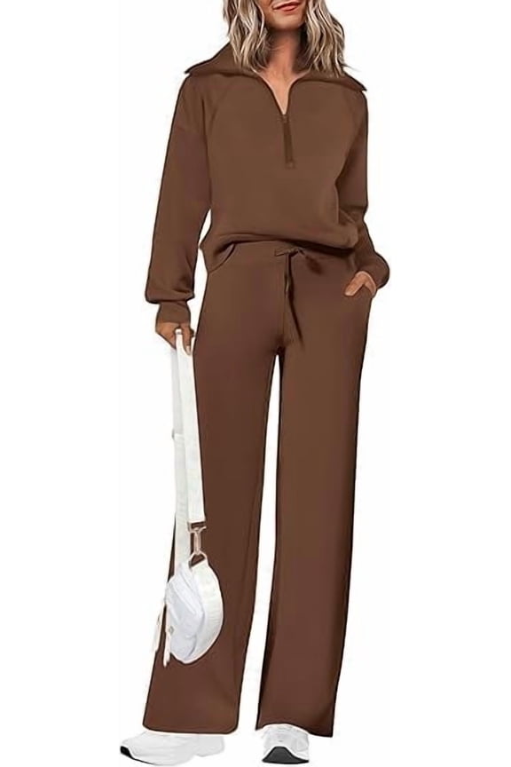 Women's 2 Piece Outfits Casual Lapel Half Zip Sweatshirts And Wide Leg Pants Tracksuit Sets