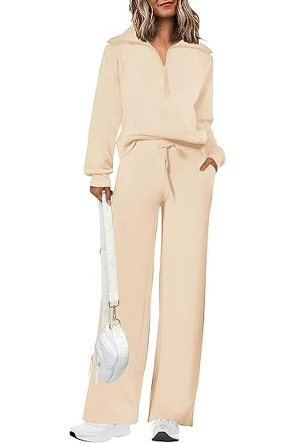 Women's 2 Piece Outfits Casual Lapel Half Zip Sweatshirts And Wide Leg Pants Tracksuit Sets