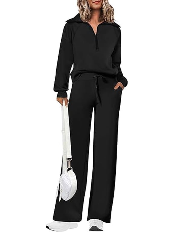 Women's 2 Piece Outfits Casual Lapel Half Zip Sweatshirts And Wide Leg Pants Tracksuit Sets