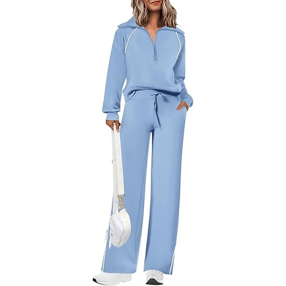 PRETTYGARDEN Women's 2 Piece Outfits Casual Lapel Half Zip Sweatshirts and Wide Leg Pants Tracksuit Sets