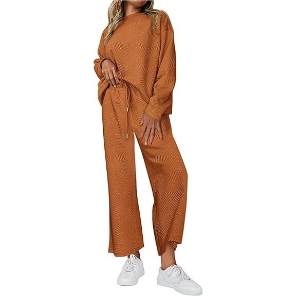 PRETTYGARDEN Women's 2 Piece Outfits Casual Long Sleeve Pullover Tops and Wide Leg Pants Knitted Lounge Sets