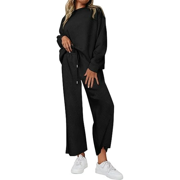 PRETTYGARDEN Women's 2 Piece Outfits Casual Long Sleeve Pullover Tops and Wide Leg Pants Knitted Lounge Sets