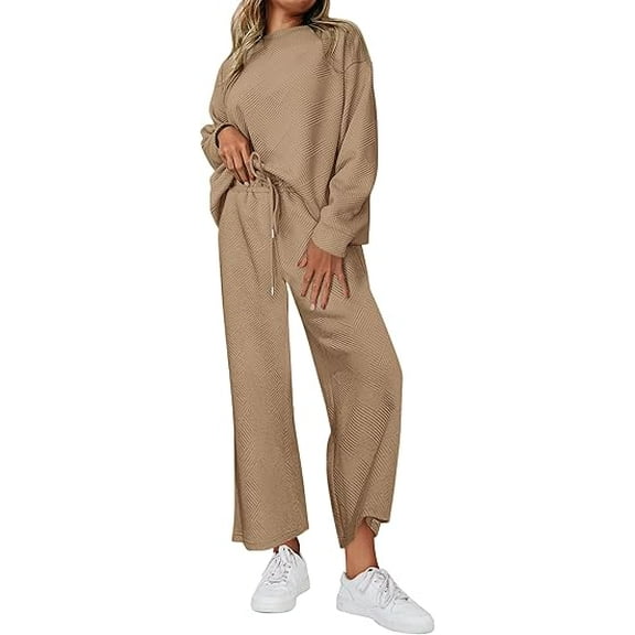 PRETTYGARDEN Women's 2 Piece Outfits Casual Long Sleeve Pullover Tops and Wide Leg Pants Knitted Lounge Sets