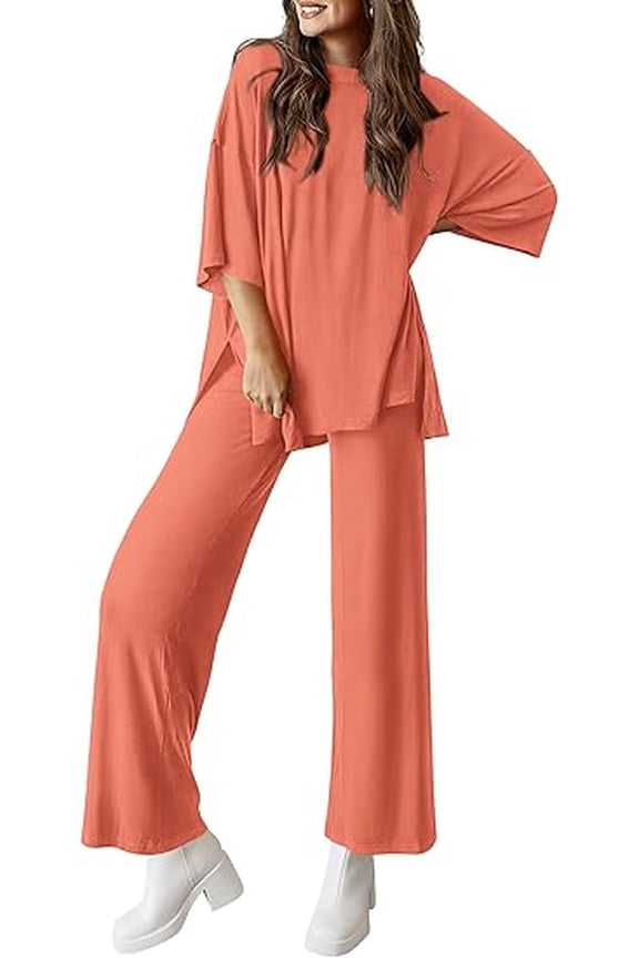 Women's 2 Piece Outfits Casual Short Sleeve Pullover Tops and Wide Leg Pants Lounge Sets Tracksuits