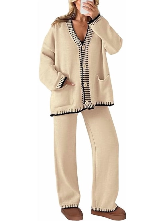 Women's 2 Piece Outfits Knit Matching Lounge Sets Long Sleeve V Neck Cardigan Sweaters Wide Leg Pants Tracksuits