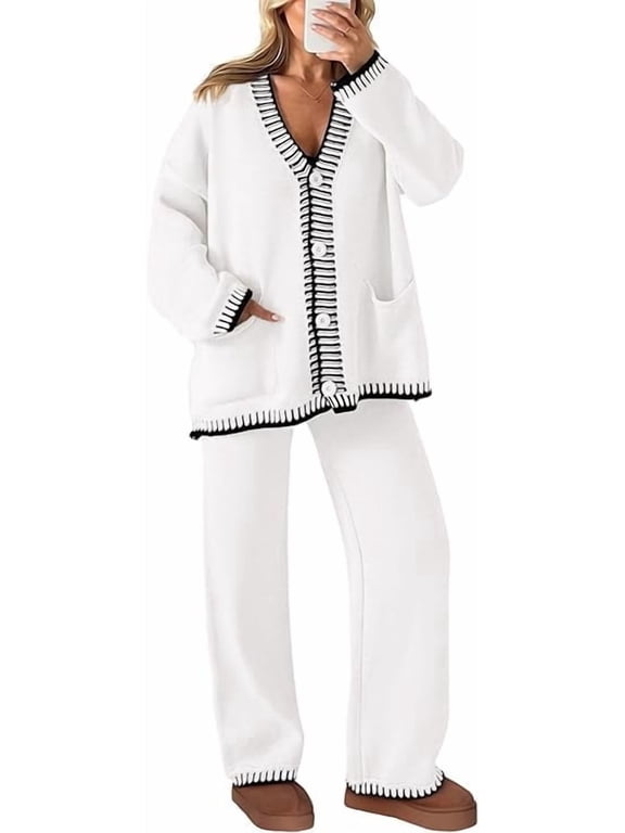 Women's 2 Piece Outfits Knit Matching Lounge Sets Long Sleeve V Neck Cardigan Sweaters Wide Leg Pants Tracksuits