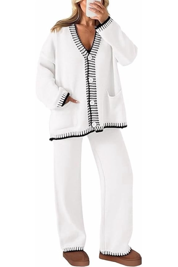 Women's 2 Piece Outfits Knit Matching Lounge Sets Long Sleeve V Neck Cardigan Sweaters Wide Leg Pants Tracksuits