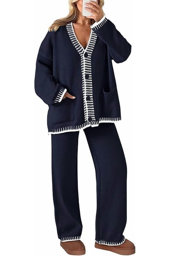 Women's 2 Piece Outfits Knit Matching Lounge Sets Long Sleeve V Neck Cardigan Sweaters Wide Leg Pants Tracksuits