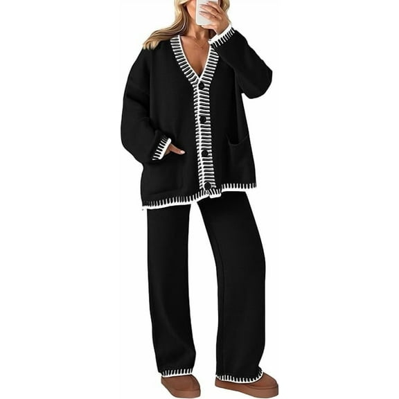 PRETTYGARDEN Women's 2 Piece Outfits Knit Matching Lounge Sets Long Sleeve V Neck Cardigan Sweaters Wide Leg Pants Tracksuits