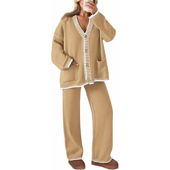 PRETTYGARDEN Women's 2 Piece Outfits Knit Matching Lounge Sets Long Sleeve V Neck Cardigan Sweaters Wide Leg Pants Tracksuits