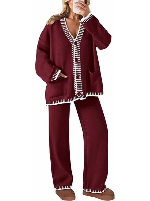 Women's 2 Piece Outfits Knit Matching Lounge Sets Long Sleeve V Neck Cardigan Sweaters Wide Leg Pants Tracksuits