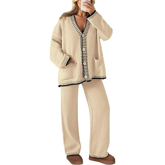 PRETTYGARDEN Women's 2 Piece Outfits Knit Matching Lounge Sets Long Sleeve V Neck Cardigan Sweaters Wide Leg Pants Tracksuits