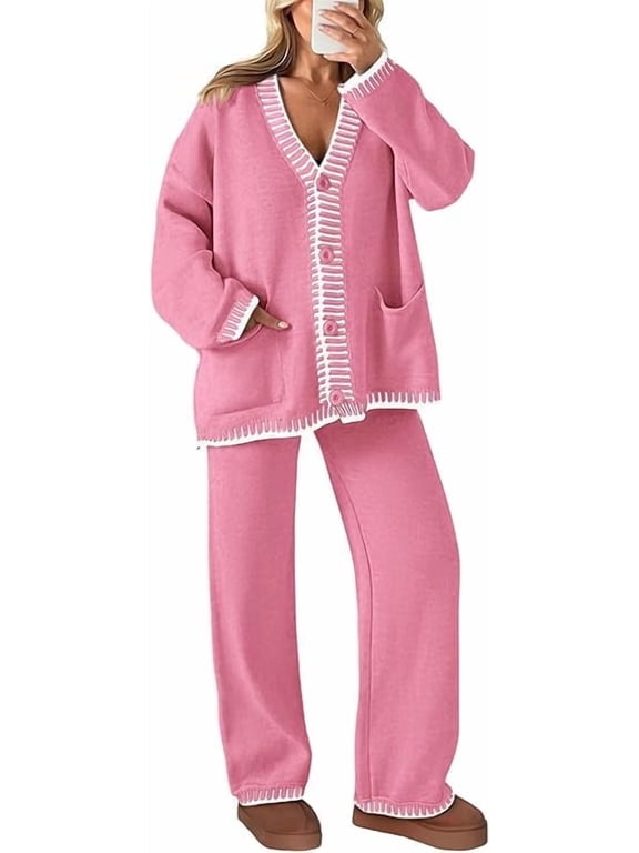 Women's 2 Piece Outfits Knit Matching Lounge Sets Long Sleeve V Neck Cardigan Sweaters Wide Leg Pants Tracksuits