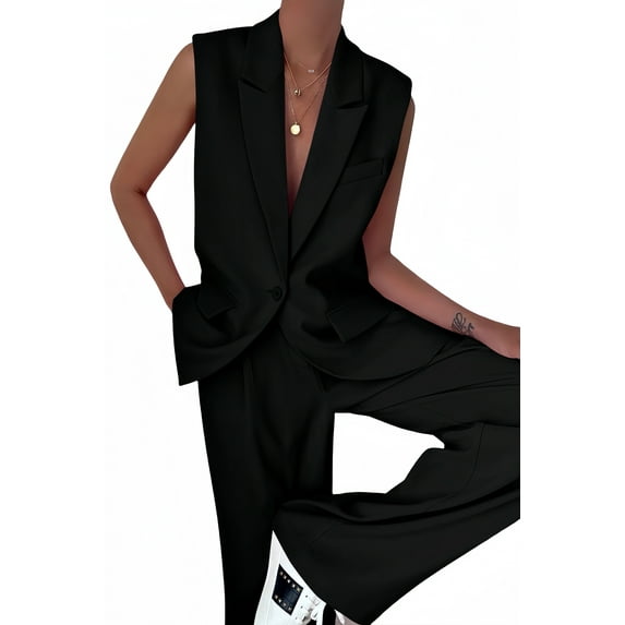 PRETTYGARDEN Women's 2 Piece Outfits Sleeveless Suit Vest and Wide Leg Pants Business Casual Blazer Sets