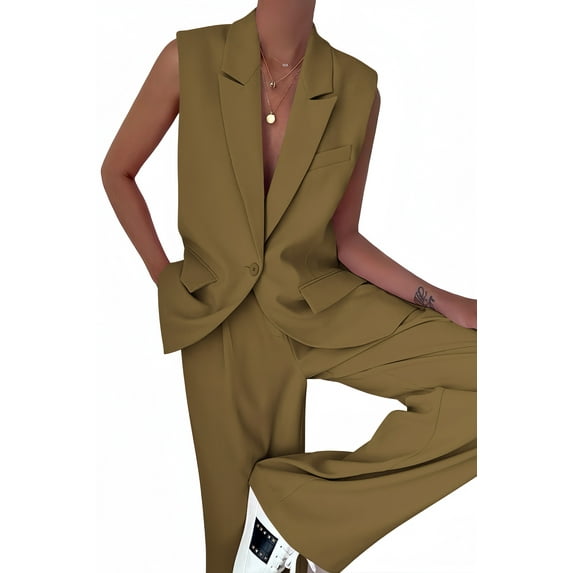 PRETTYGARDEN Women's 2 Piece Outfits Sleeveless Suit Vest and Wide Leg Pants Business Casual Blazer Sets