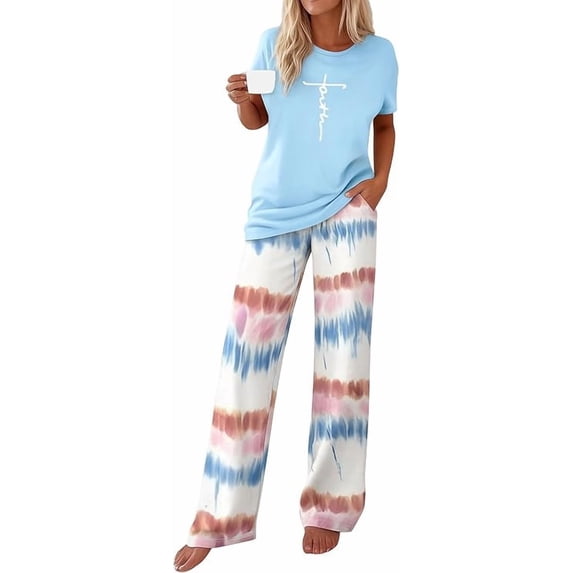 PRETTYGARDEN Women's 2 Piece Pajama Sets Summer Matching Lounge Outfits Short Sleeve Printed Sleepwear Spring PJ Set