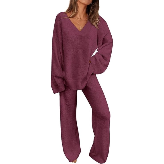 PRETTYGARDEN Women's 2 Piece Pullover Sweater Set Oversized V Neck Top Wide Leg Pants Fall Winter Fuzzy Lounge Outfit