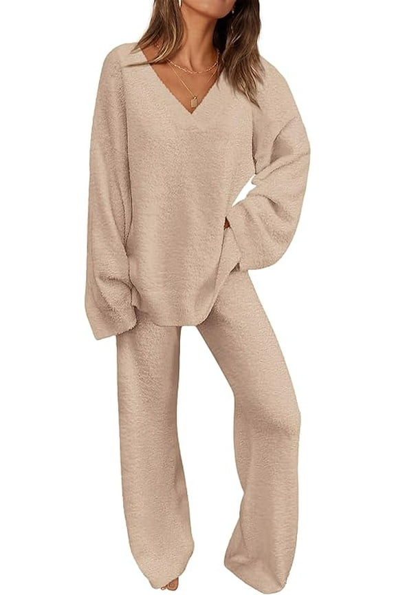 Women's 2 Piece Pullover Sweater Set Oversized V Neck Top Wide Leg Pants Fall Winter Fuzzy Lounge Outfit