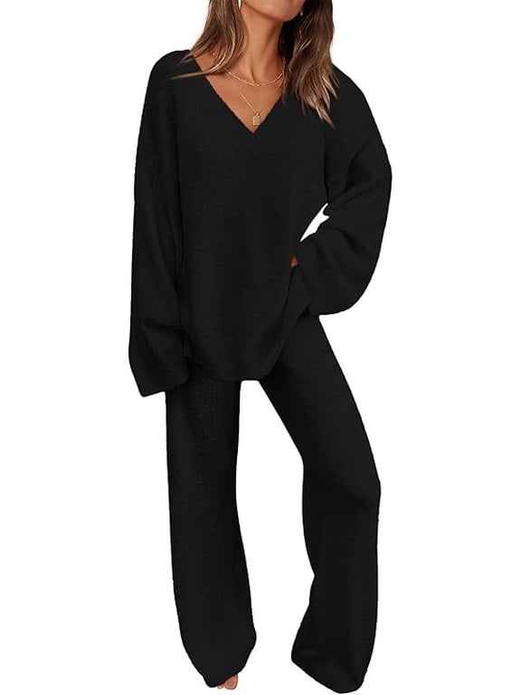 Women's 2 Piece Pullover Sweater Set Oversized V Neck Top Wide Leg Pants Fall Winter Fuzzy Lounge Outfit