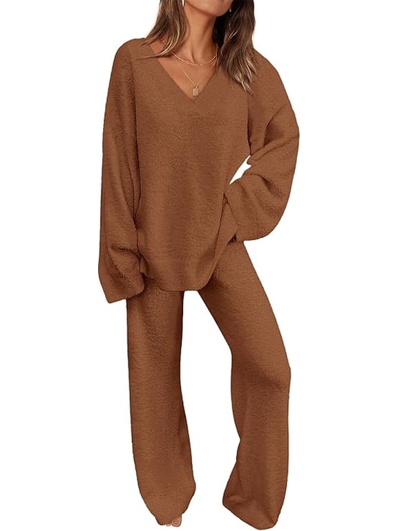 Women's 2 Piece Pullover Sweater Set Oversized V Neck Top Wide Leg Pants Fall Winter Fuzzy Lounge Outfit