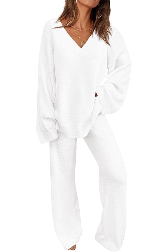 Women's 2 Piece Pullover Sweater Set Oversized V Neck Top Wide Leg Pants Fall Winter Fuzzy Lounge Outfit