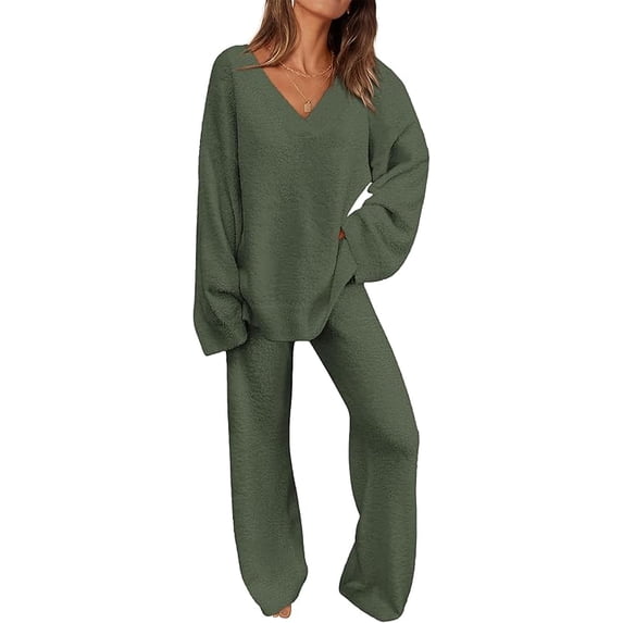 PRETTYGARDEN Women's 2 Piece Pullover Sweater Set Oversized V Neck Top Wide Leg Pants Fall Winter Fuzzy Lounge Outfit
