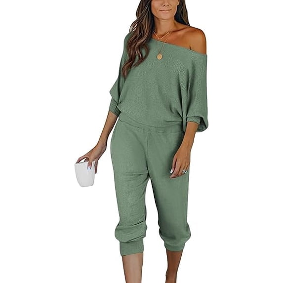 PRETTYGARDEN Women's 2 Piece Ribbed Tracksuit Outfits Off Shoulder Long Sleeve Pullover Lounge Pants with Pockets