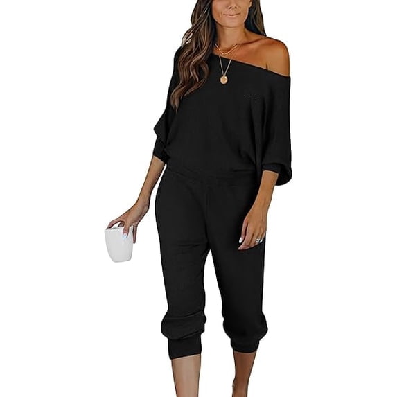 PRETTYGARDEN Women's 2 Piece Ribbed Tracksuit Outfits Off Shoulder Long Sleeve Pullover Lounge Pants with Pockets
