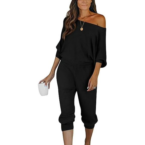 PRETTYGARDEN Women's 2 Piece Ribbed Tracksuit Outfits Off Shoulder Long Sleeve Pullover Lounge Pants with Pockets