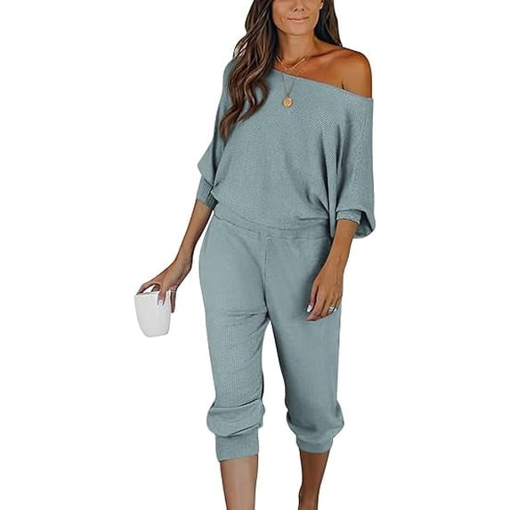 PRETTYGARDEN Women's 2 Piece Ribbed Tracksuit Outfits Off Shoulder Long Sleeve Pullover Lounge Pants with Pockets