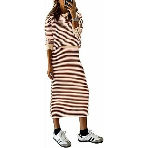 PRETTYGARDEN Women's 2 Piece Sets Lounge Striped Sweater Fall Casual Long Sleeve Knit Midi Skirts Matching Travel Outfits