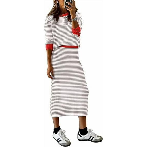 PRETTYGARDEN Women's 2 Piece Sets Lounge Striped Sweater Fall Casual Long Sleeve Knit Midi Skirts Matching Travel Outfits