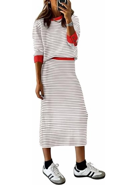 Women's 2 Piece Sets Lounge Striped Sweater Fall Casual Long Sleeve Knit Midi Skirts Matching Travel Outfits