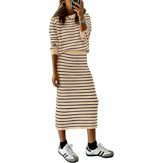 PRETTYGARDEN Women's 2 Piece Sets Lounge Striped Sweater Fall Casual Long Sleeve Knit Midi Skirts Matching Travel Outfits
