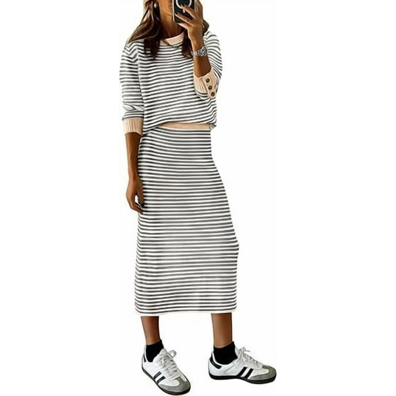 PRETTYGARDEN Women's 2 Piece Sets Lounge Striped Sweater Fall Casual Long Sleeve Knit Midi Skirts Matching Travel Outfits