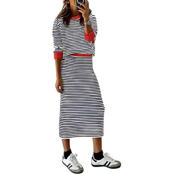 PRETTYGARDEN Women's 2 Piece Sets Lounge Striped Sweater Fall Casual Long Sleeve Knit Midi Skirts Matching Travel Outfits