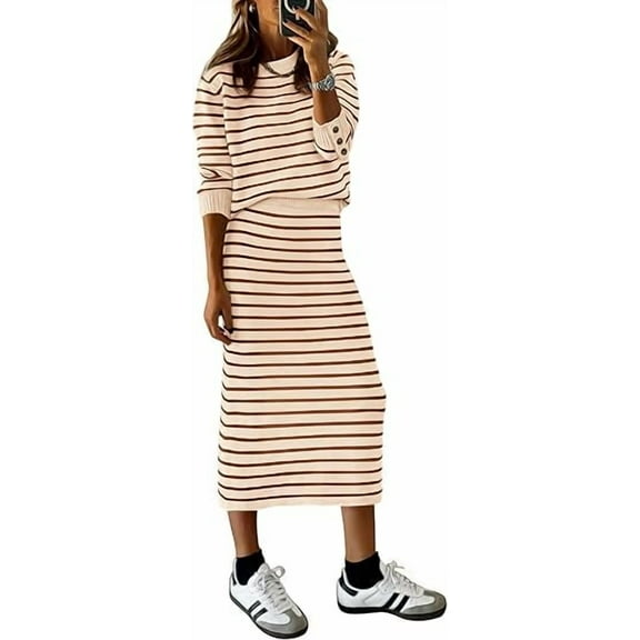 PRETTYGARDEN Women's 2 Piece Sets Lounge Striped Sweater Fall Casual Long Sleeve Knit Midi Skirts Matching Travel Outfits
