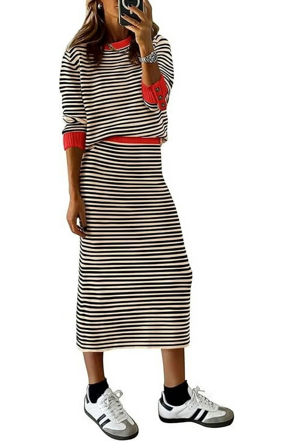 Women's 2 Piece Sets Lounge Striped Sweater Fall Casual Long Sleeve Knit Midi Skirts Matching Travel Outfits