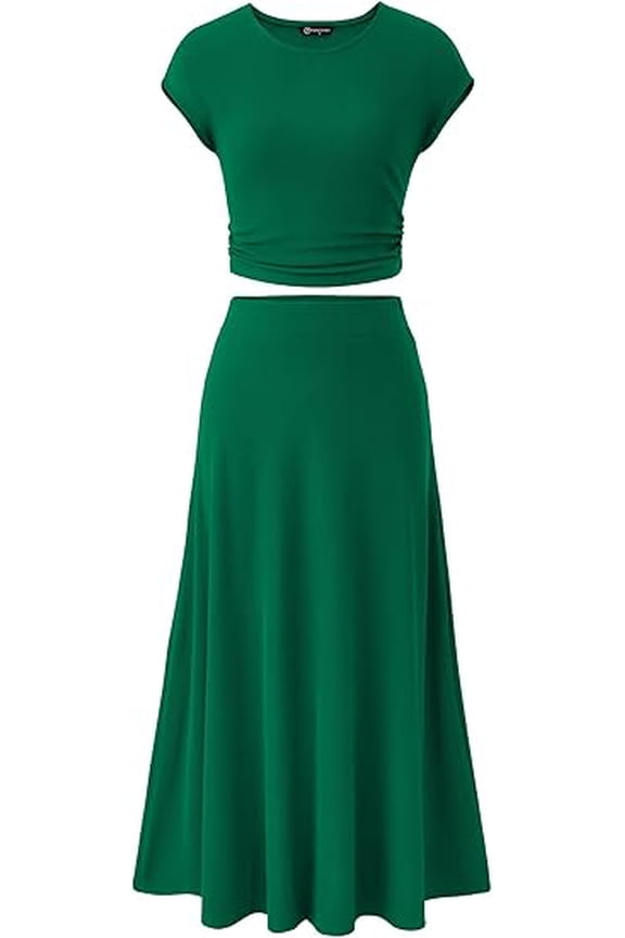 Women's 2 Piece Summer Outfits Dressy Casual Knit Short Sleeve Crop Top High Waist Midi Skirt Set