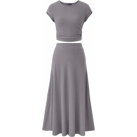 PRETTYGARDEN Women's 2 Piece Summer Outfits Dressy Casual Knit Short Sleeve Crop Top High Waist Midi Skirt Set