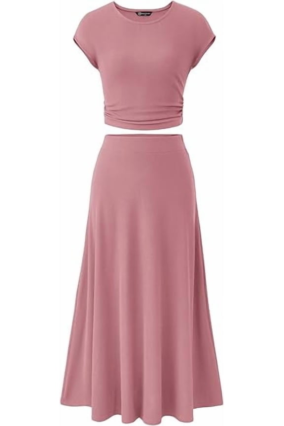 Women's 2 Piece Summer Outfits Dressy Casual Knit Short Sleeve Crop Top High Waist Midi Skirt Set