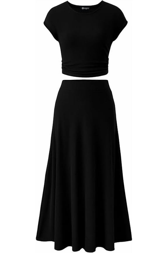 Women's 2 Piece Summer Outfits Dressy Casual Knit Short Sleeve Crop Top High Waist Midi Skirt Set