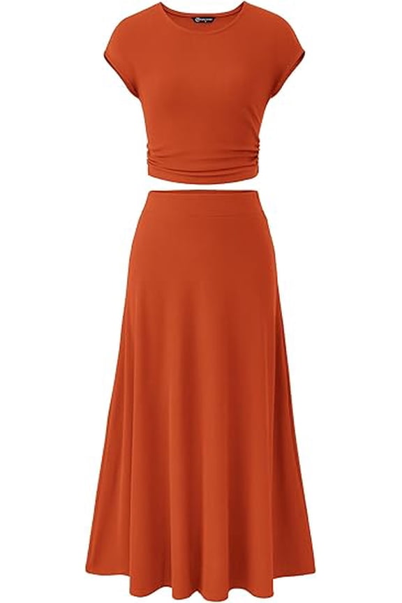 Women's 2 Piece Summer Outfits Dressy Casual Knit Short Sleeve Crop Top High Waist Midi Skirt Set