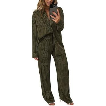 PRETTYGARDEN Women's 2 Piece Textured Sets Casual Button Down Shirt Wide Leg Pants Outfit Loungewear Tracksuit
